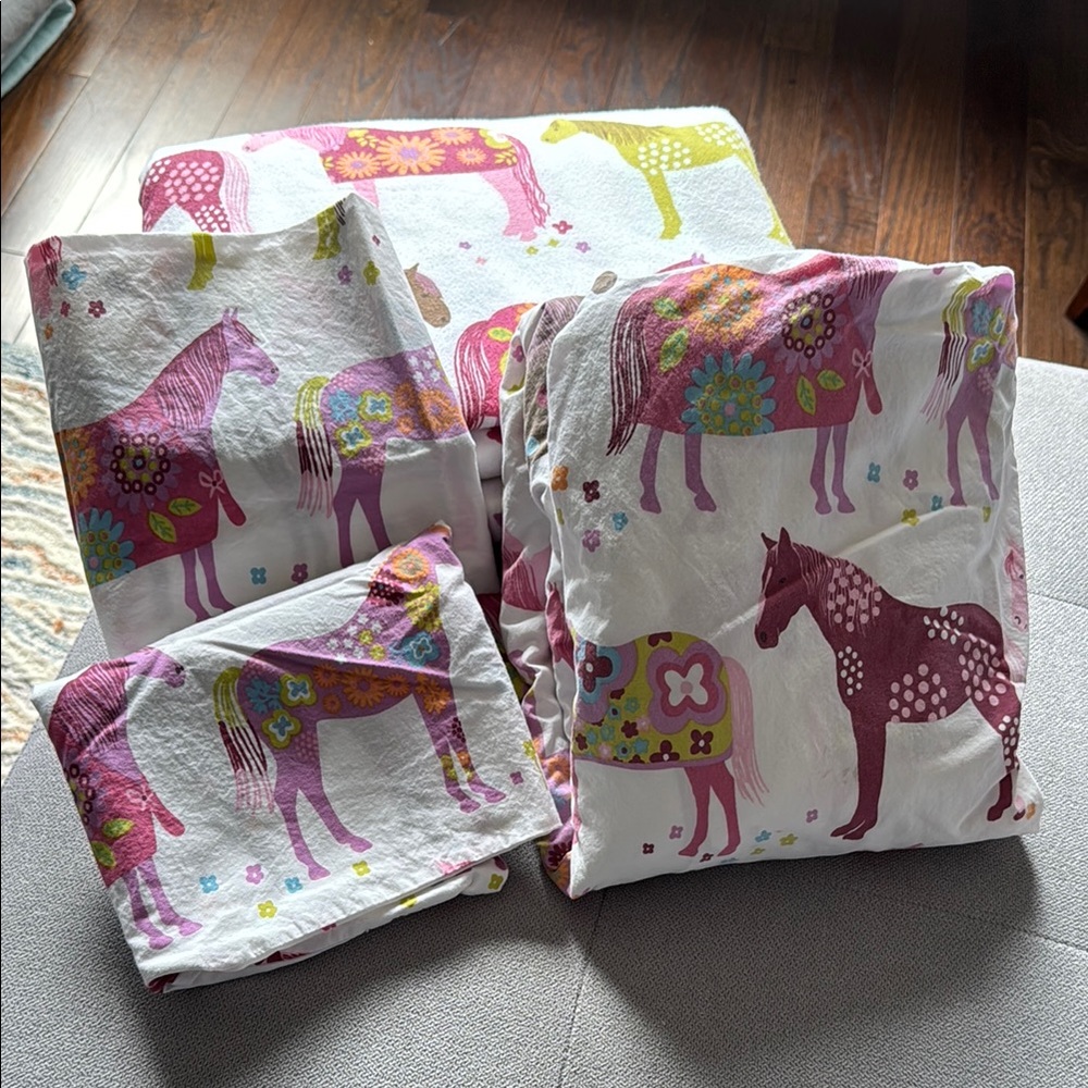 Garnet Hill Pink and Purple Horse Print Bedding Set